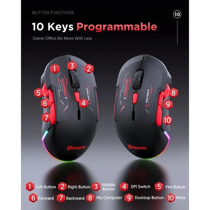 MKESPN W12 10-button Macro Gaming Mouse Both Hand Wireless Bluetooth Multi-channel Tri-mode Large RGB Ergonomic Ambidextrous