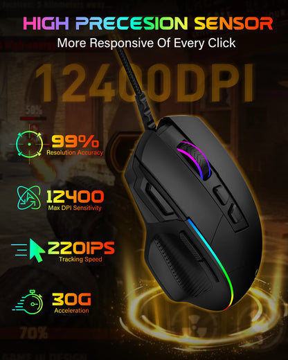 E-YOOSO X49 laidinė žaidimų pelė, reguliuojamas 12400 DPI jautrumas, RGB apšvietimas, 8 programuojami mygtukai, ergonomiška žaidimų pelė PC ir nešiojamajam kompiuteriui