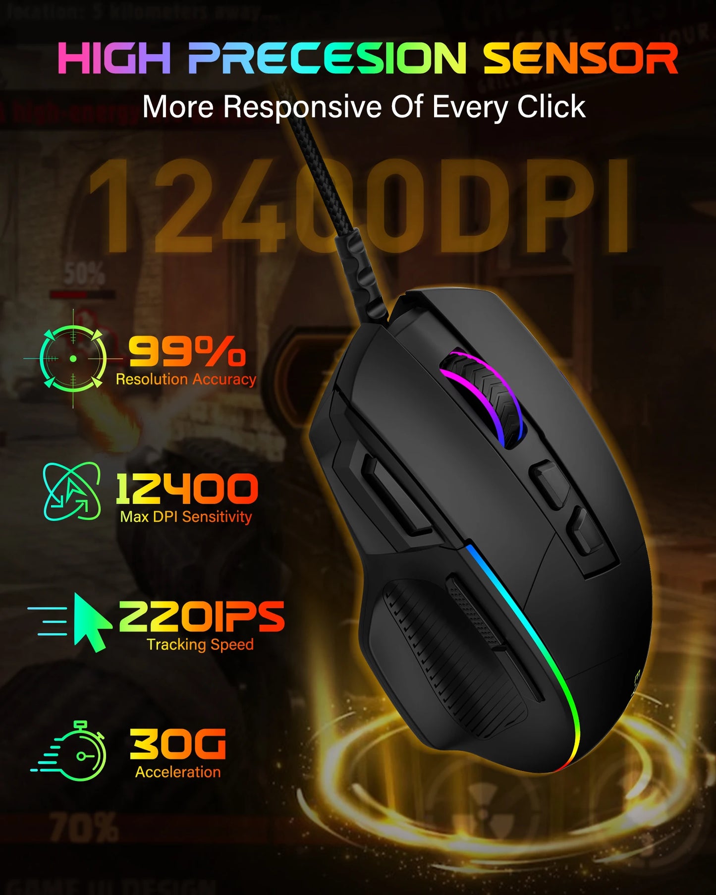 E-YOOSO X49 laidinė žaidimų pelė, reguliuojamas 12400 DPI jautrumas, RGB apšvietimas, 8 programuojami mygtukai, ergonomiška žaidimų pelė PC ir nešiojamajam kompiuteriui
