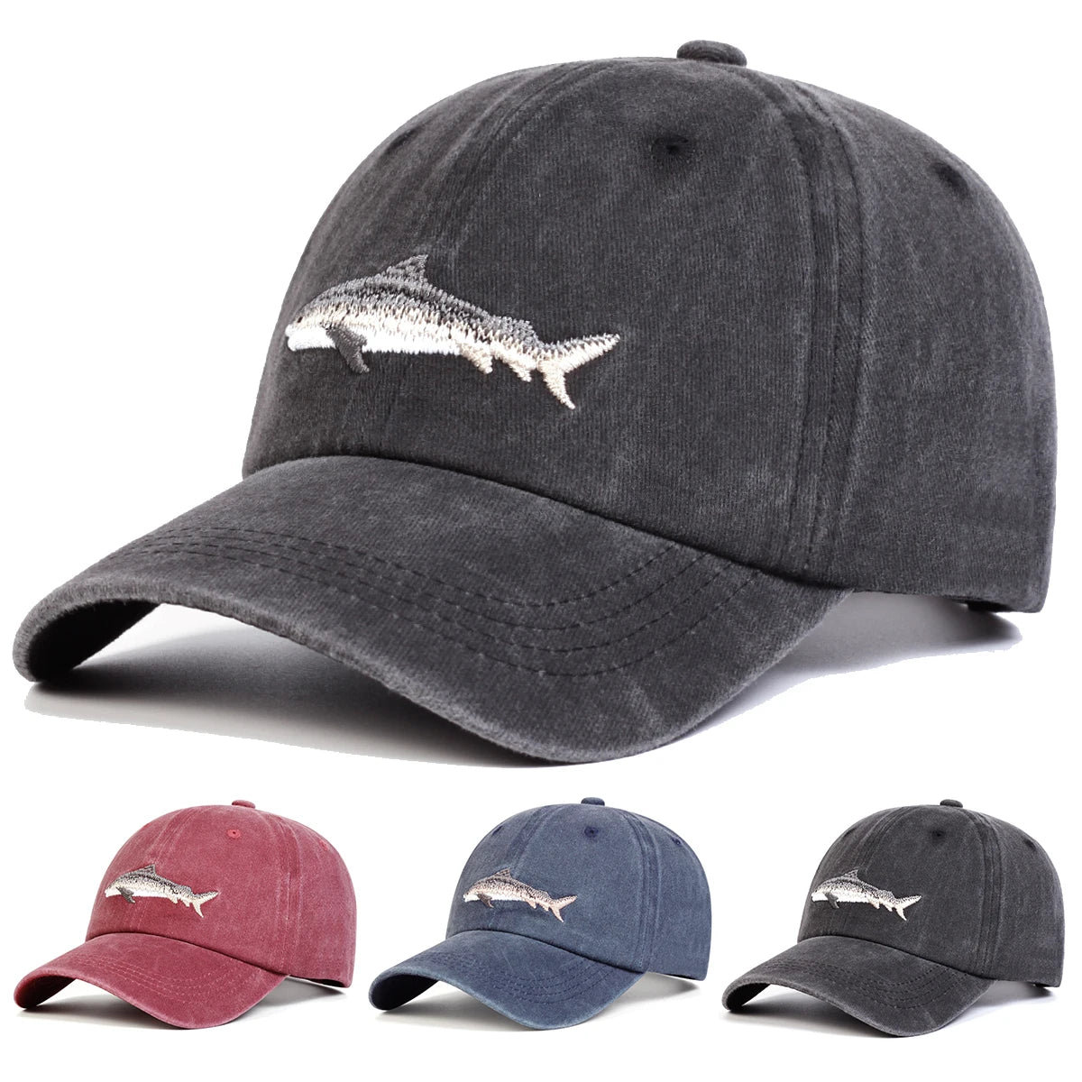 Unisex Shark Embroidery Wash Baseball Caps Spring and Autumn Outdoor Adjustable Casual Hats Sunscreen Hat Sports Cap