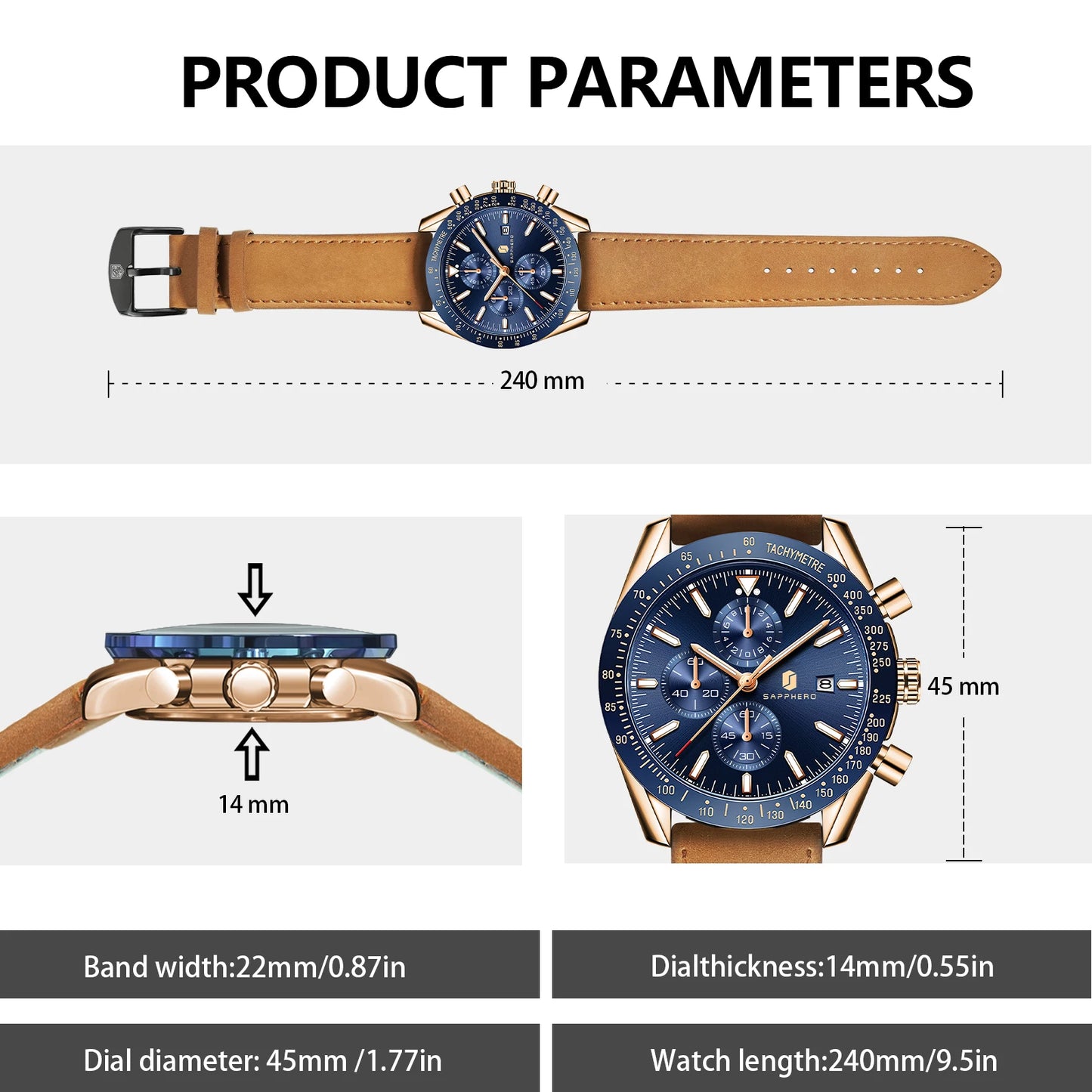 SAPPHERO Men Chronograph Watch High Precision Quartz Movement Blue Dial Date Display 50M Waterproof Luxury Sport Wristwatch Gift