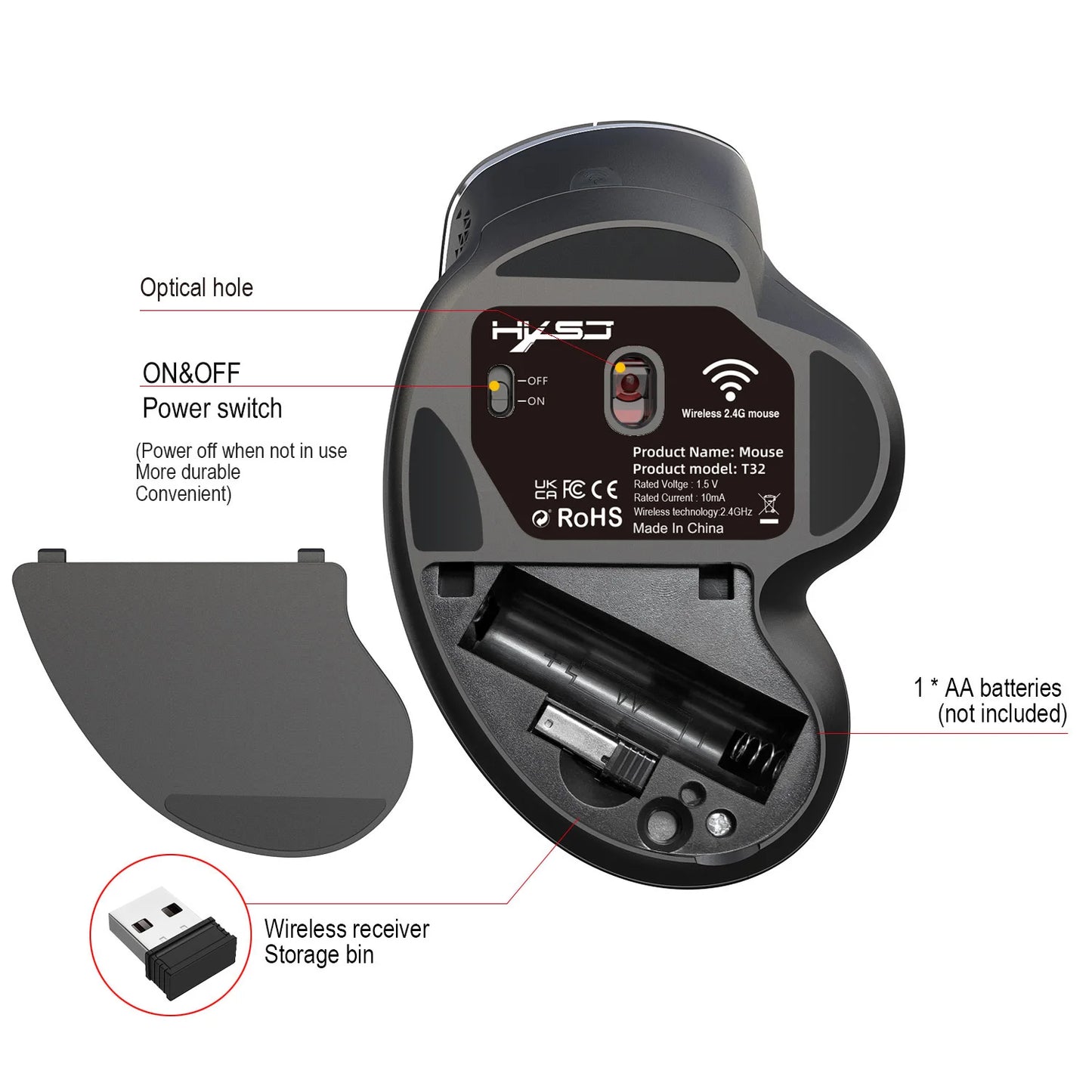 2.4G Wireless Mouse Ergonomic Vertical Mice Side Metal Roller Gaming Mouse For Official Home Laptop Computer PC
