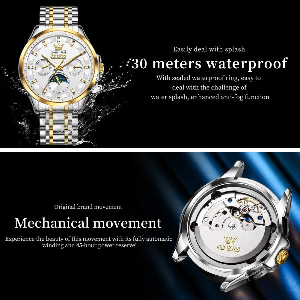 OELVS 7070 New Mens Watch Luxury Automatic Mechanical Watches For Man Moon Phase Waterproof Luminous Steel Watch Gift Box Reloj