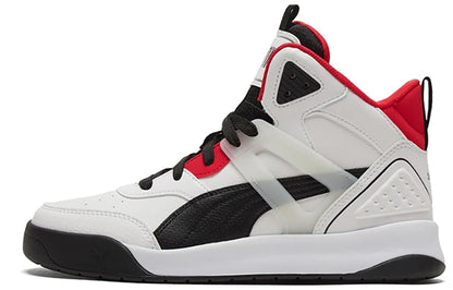 Baskets Puma Backcourt Mid, modèle blanc, noir et rouge, version High Risk, rouge et argent, 374139-01.