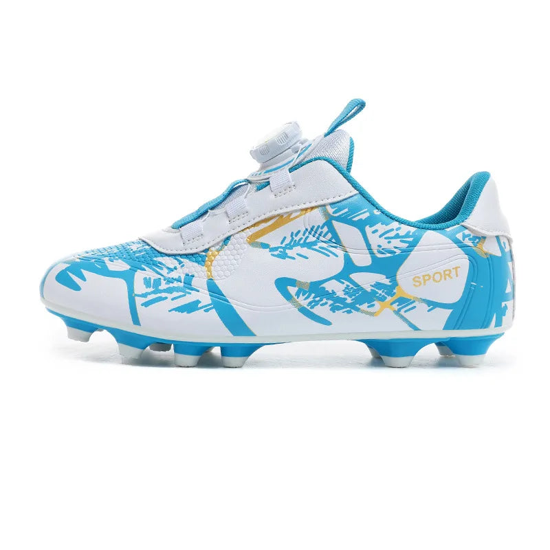 Chaussures de Football à lacets rapides pour enfants, blanches et bleues, crampons ultralégers de haute qualité, baskets de Football antidérapantes pour Match en plein air