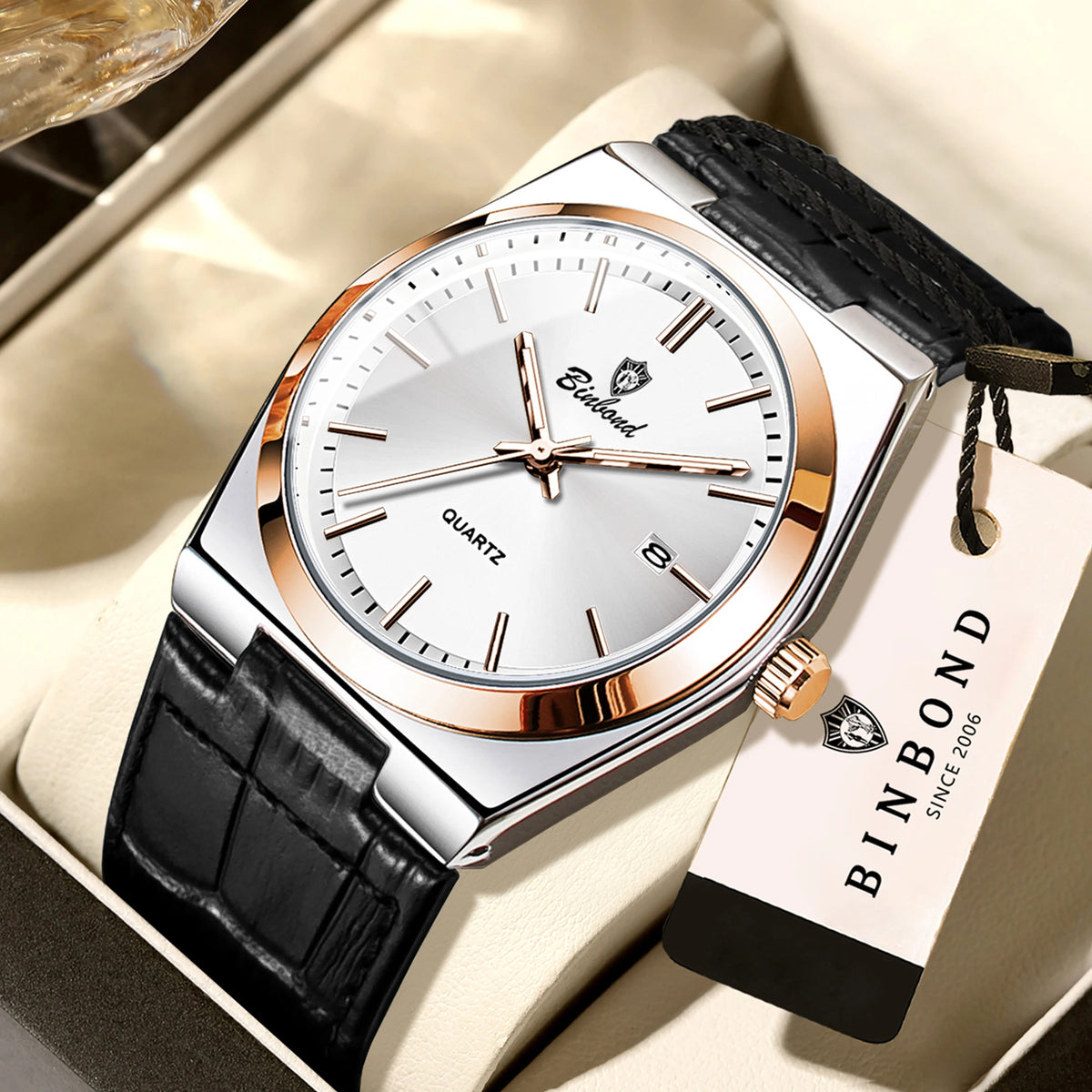 BINBOND luxury quartz wristwatch for men – Water-resistant, luminous, with automatic date – Professional, sporty, trendy and casual styles – Leather strap