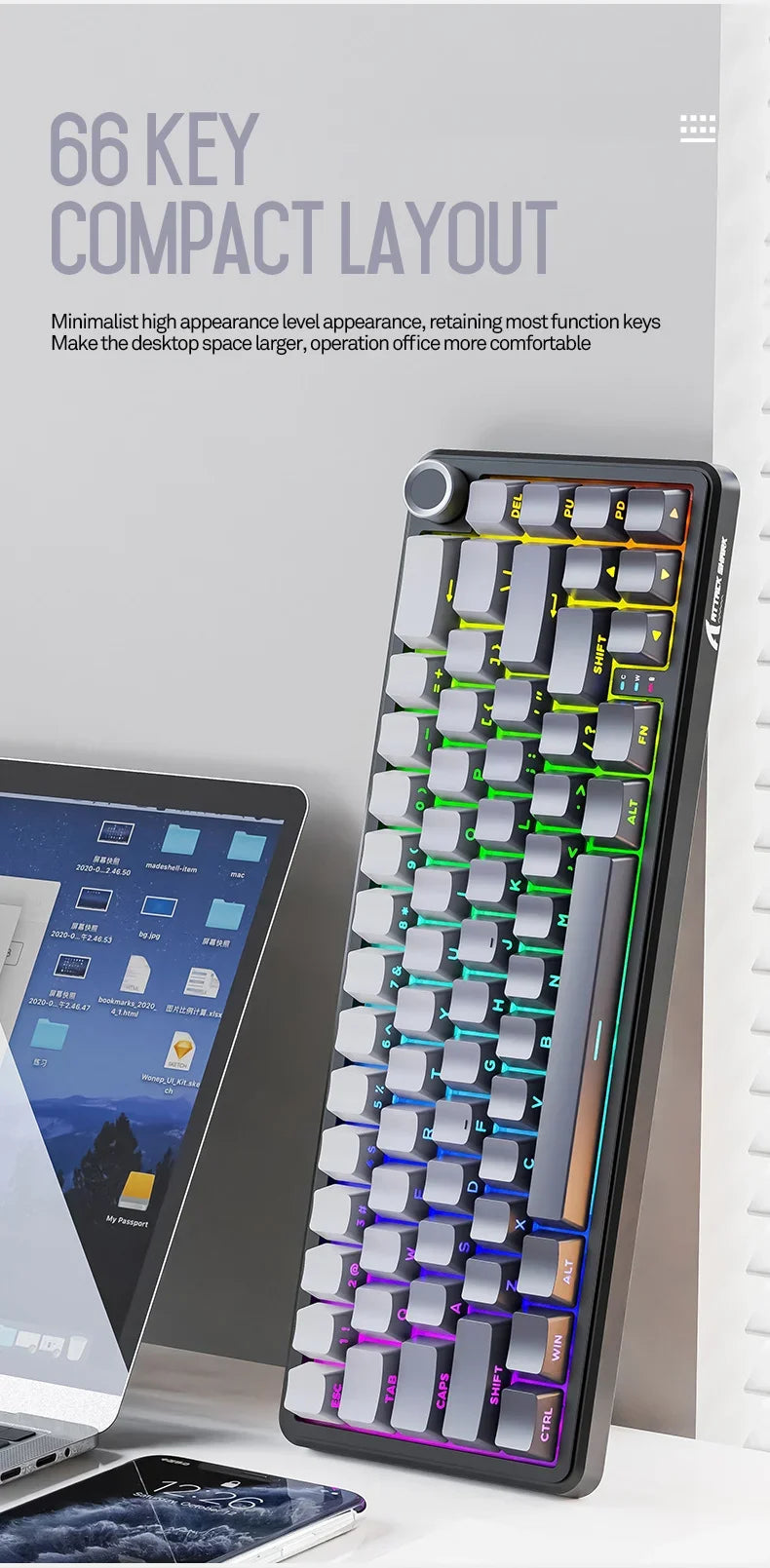 Teclado mecânico sem fios Attack Shark X66, layout compacto 65%, retroiluminação RGB, gasket, hot swap, Bluetooth, USB-C, PBT, bateria de grande capacidade