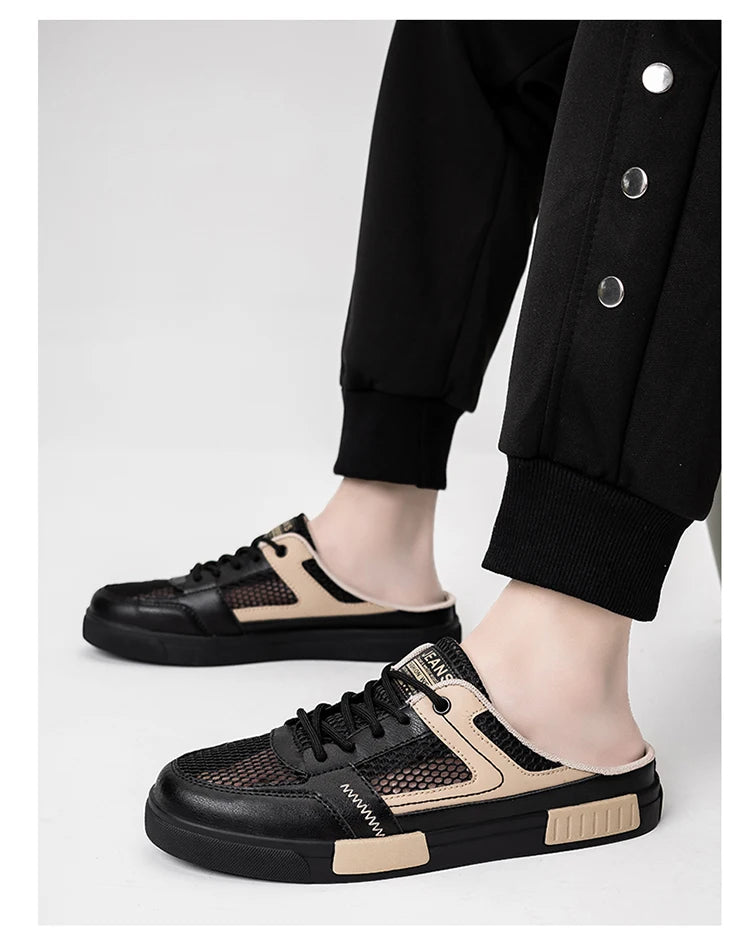 Sandales super taille 2025, nouvelles pantoufles d'été en maille perforée pour hommes, chaussures de sports et de loisirs de plein air respirantes, demi-pantoufles