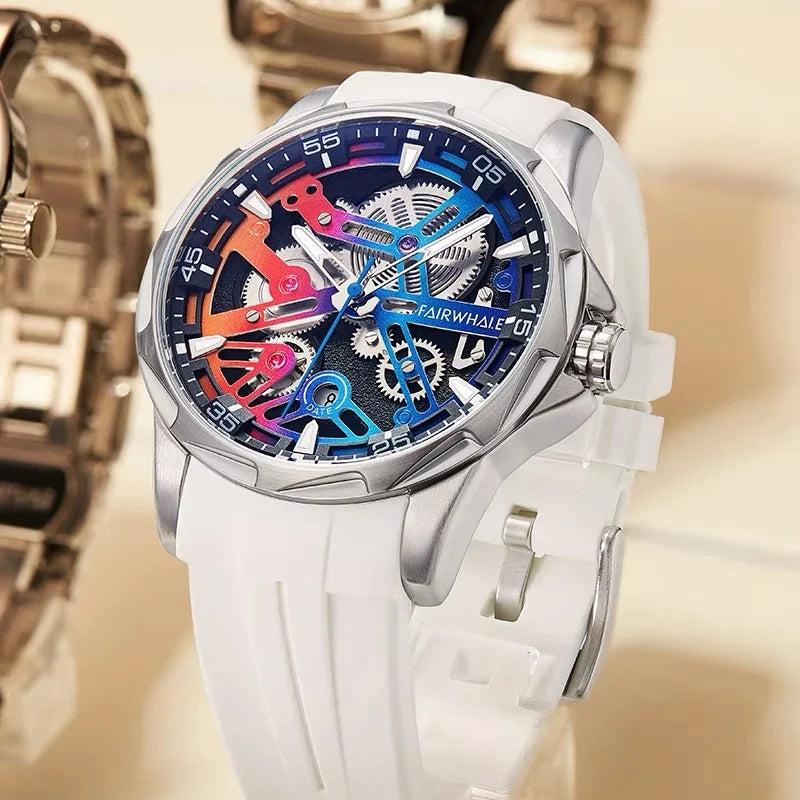 Brand Mark Fairwhale Sports Automatic Watch For Men Fashion Stainless Steel Rainbow Dial Mechanical Wristwatch Man Free Shipping