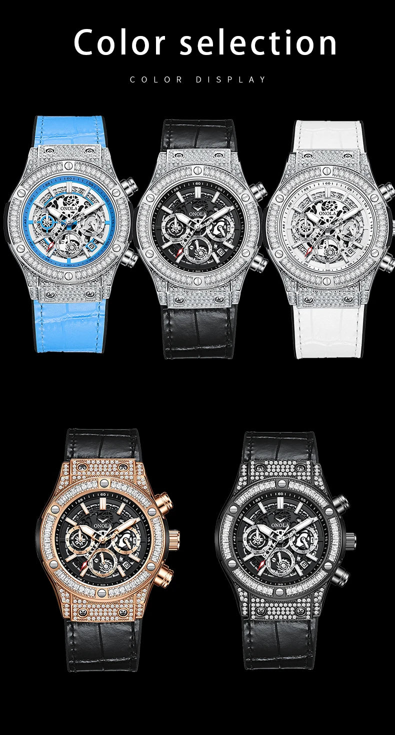 ONOLA Luxury Style Diamond Inlaid Men Quartz Watch Leather Strap Calendar Men Watch 30M Waterproof Men Clock