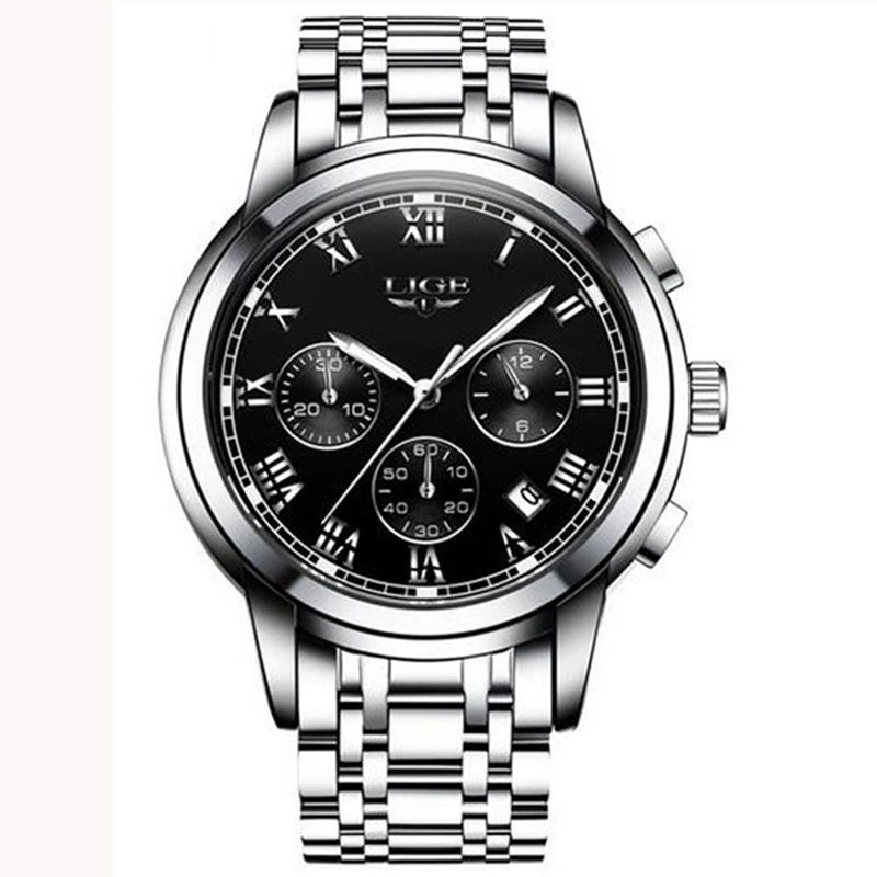Relógio para homem LIGE – Cronógrafo de luxo, estilo desportivo descontraído, estanque, totalmente em aço, movimento de quartzo