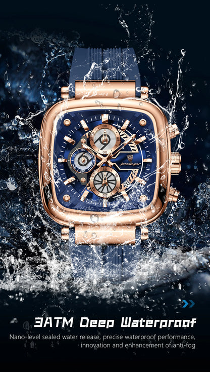 POEDAGAR Square Sport Man Wristwatch Date Waterproof Luminous Chronograph Watch For Men Silicone Strap Men's Quartz Watches Male