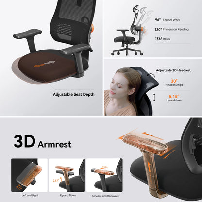 NEWTRAL MAGICH003 Ergonomic Office Chair with Adaptive Lumbar Support, Adjustable Headrest, 3D Armrests, Reclining Executive Desk Chair