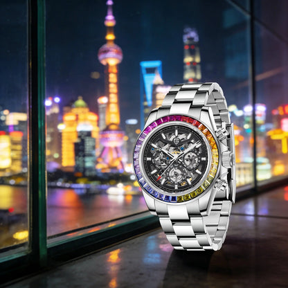 PAGANI DESIGN Personalized Men Automatic Mechanical Watch Colorful Gemstone Bezel Small Three-Pin Tachymeter Design Chronograph