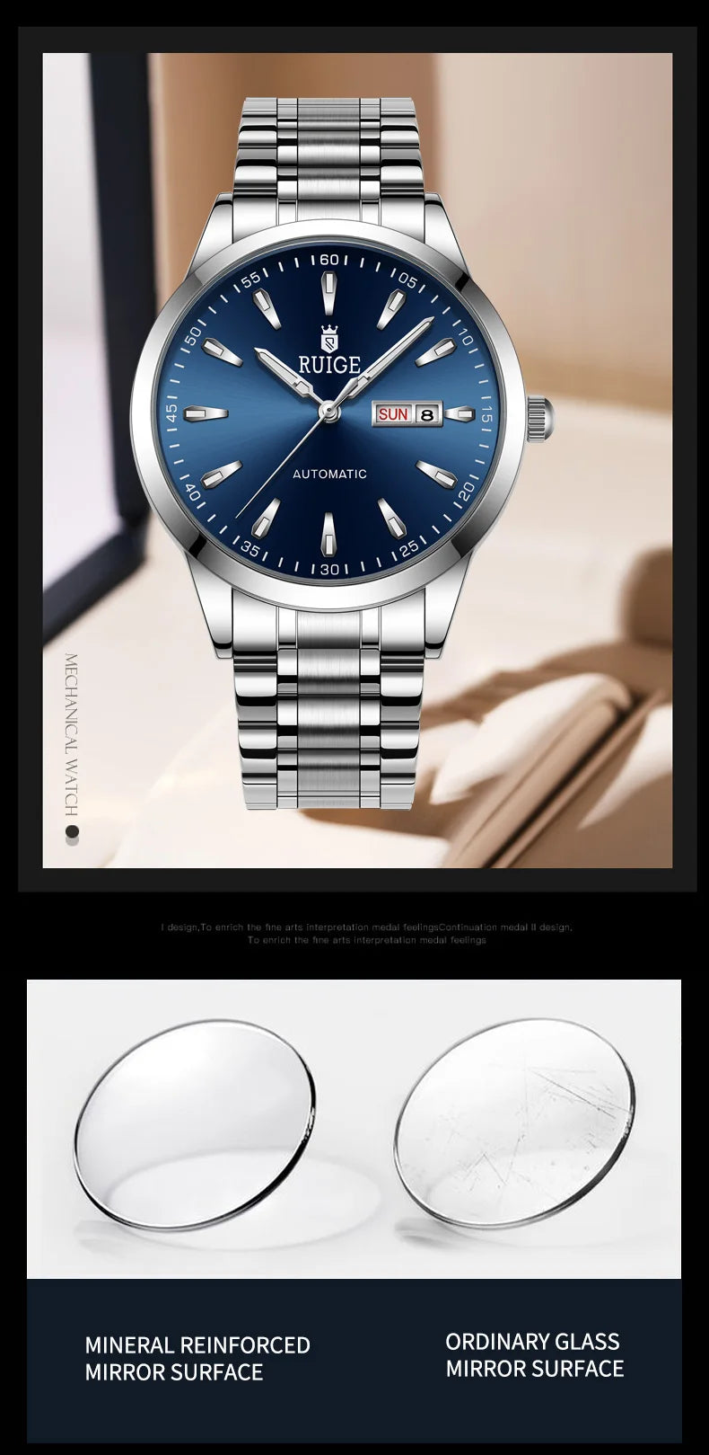 RUIGE Weekly Calendar Men's Fully Automatic Mechanical Watch Stainless Steel Business Men's Night Light Waterproof Versatile Wat