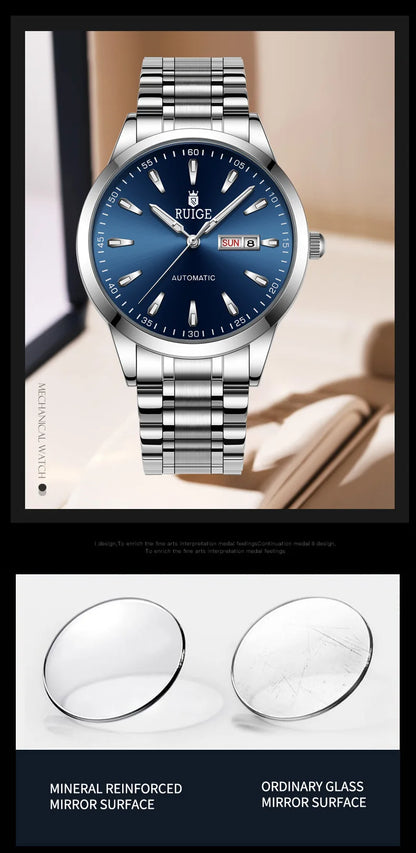 RUIGE Weekly Calendar Men's Fully Automatic Mechanical Watch Stainless Steel Business Men's Night Light Waterproof Versatile Wat