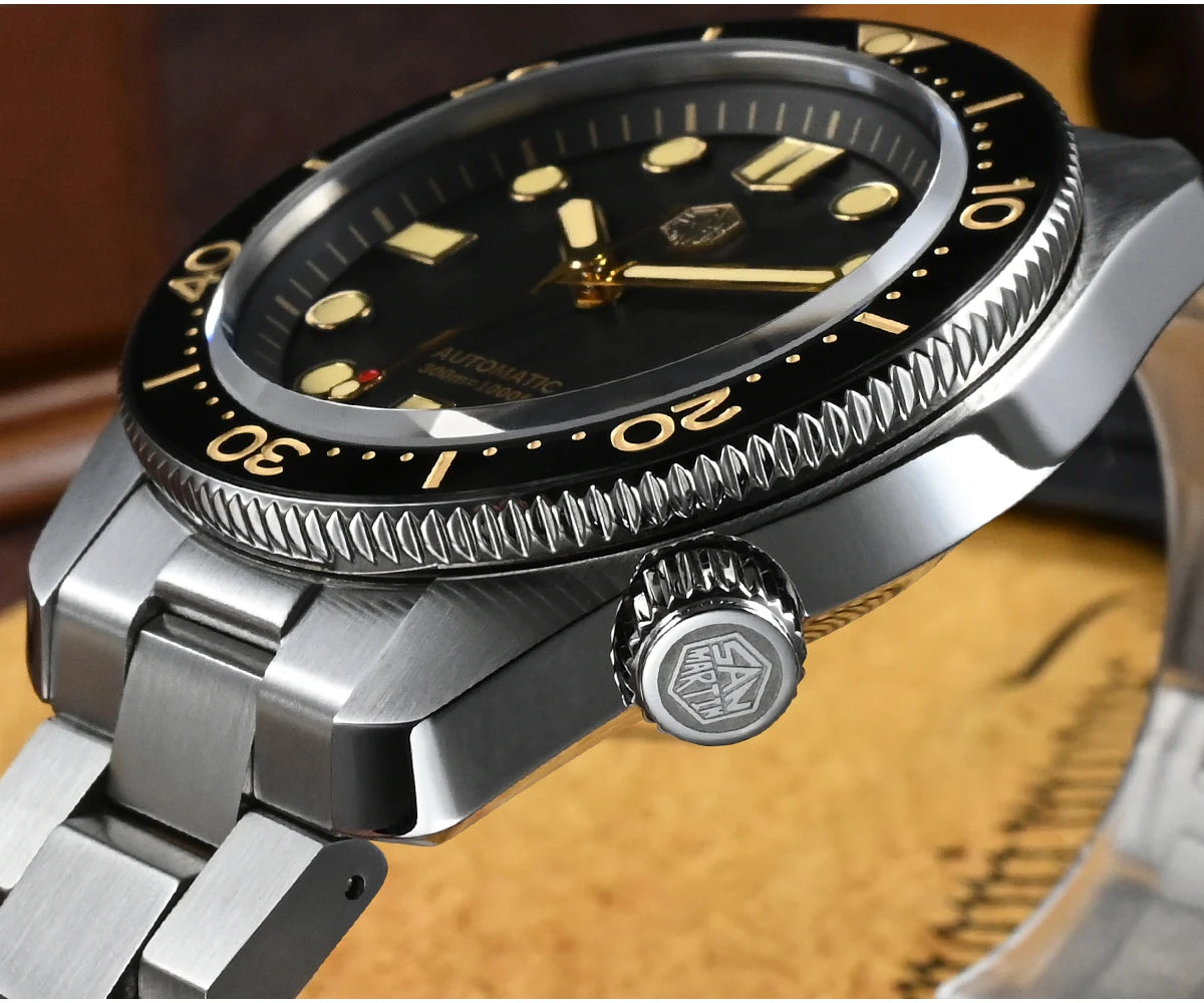 San Martin 44mm Men Diver Watch Vintage MM300 Gilt Dial Sport NH35 Automatic Mechanical Sapphire Waterproof 300M C3 Lume SN0087