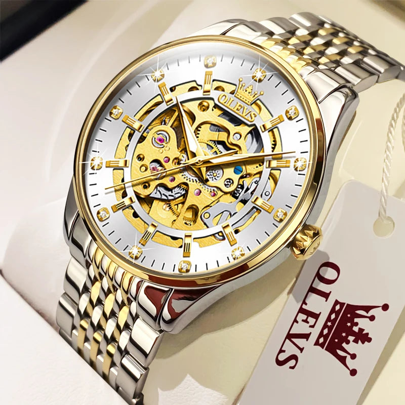 OLEVS Men's Watches Luxury Gold Skeleton Automatic Mechanical Wrist Watch for Man Waterproof Stainless Steel Luminous Business