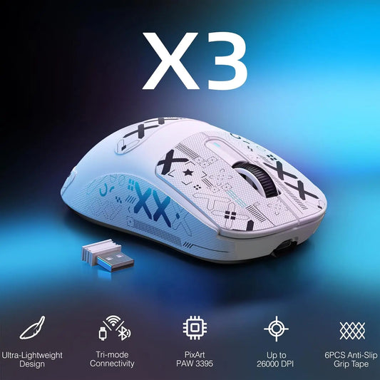 ATTACK SHARK X3 let trådløs gamingmus, 49g tri-mode, PAW3395 26K DPI-sensor, 200h batteritid, 5 programmerbare knapper