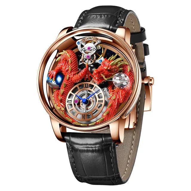 PINDU Design New 3D Dragon Earth Theme Quartz Watches Men Celestial Series Curved Mirror Transparent Design Watch Wristwatches