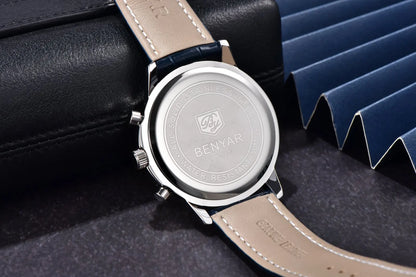 Relógio de luxo para homem Benyar – Cronógrafo com data, bracelete em pele, estanque, luminescente, estilo desportivo e militar, relógio de quartzo