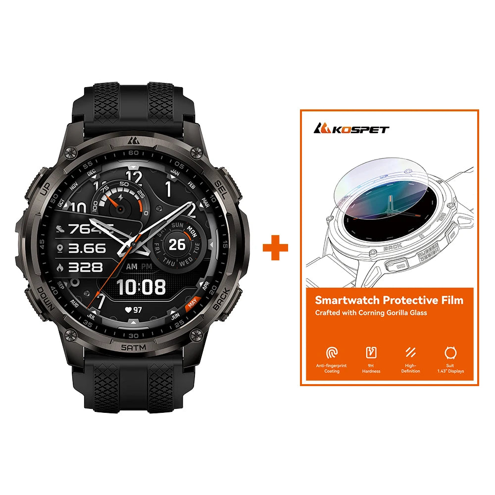 KOSPET TANK T4C Men's Outdoor Watch Rugged GPS  50M Waterproof Military Spec with Integrated Flashlight and Activity Tracking