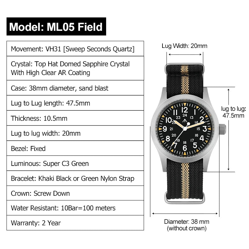 Militado ML05 Vintage Watch VH31 Sweep Second Movement Domed Sapphire Crystal With High Clear AR Coating Luminous 38mm Watches