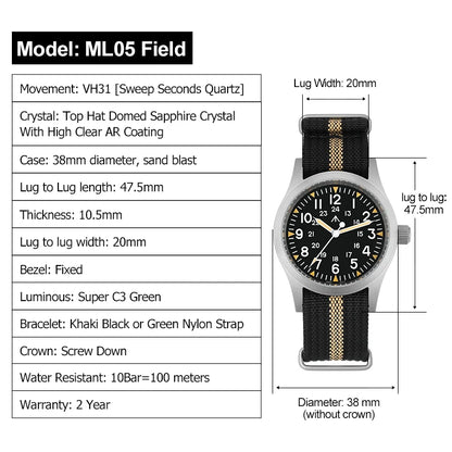 Militado ML05 Vintage Watch VH31 Sweep Second Movement Domed Sapphire Crystal With High Clear AR Coating Luminous 38mm Watches