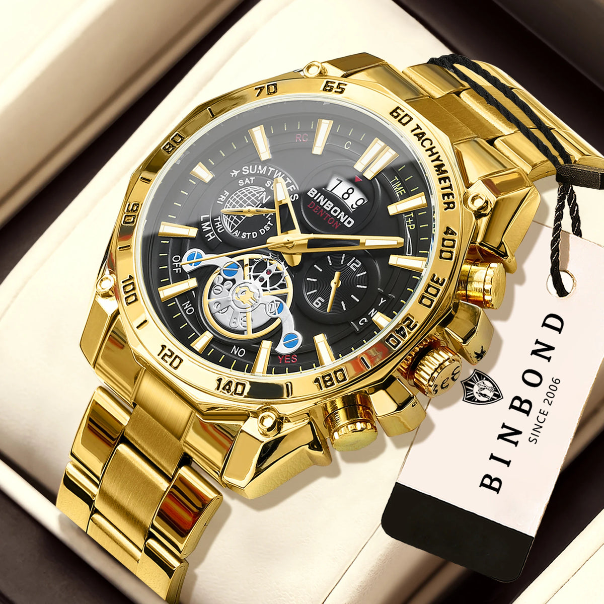 Orologi al quarzo di lusso BINBOND da uomo, luminescenti, impermeabili, con datario automatico, precisi e resistenti, in stile sportivo e business.