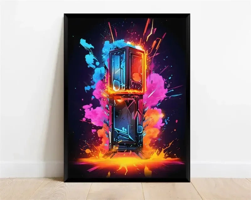Póster Néon de Personagem de Videojogo com Gamepad, Auscultadores, Futebol e Basquetebol em Tela — Arte de Parede para Decoração de Quarto Gaming