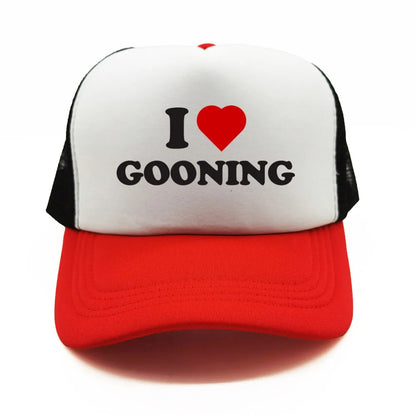 Juokingos „I Love Gooning“ beisbolo kepurės. Šaunios vasarinės vyriškos tinklinės kepurės. Humoro kupinos „Trucker“ stiliaus kepurės. Unisex lauko tinklinės kepurės MZ-080