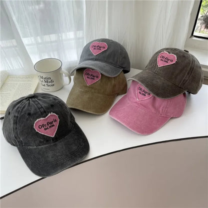 Heart Letter Embroidery Baseball Cap For Women Washed Cotton Snapback Sun Hat Spring Summer Ajdustable Girl Peaked Caps