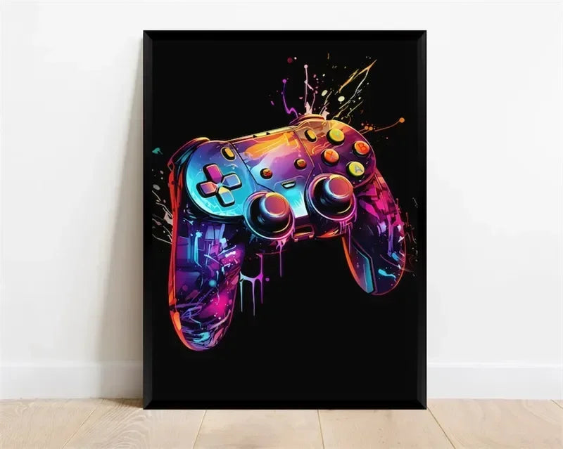 Póster Néon de Personagem de Videojogo com Gamepad, Auscultadores, Futebol e Basquetebol em Tela — Arte de Parede para Decoração de Quarto Gaming
