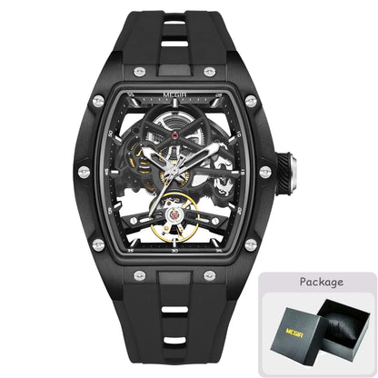 Relógio mecânico para homem MEGIR, formato de barril, mostrador esqueletizado com aberturas, estilo desportivo, bracelete em silicone, relógio automático de luxo