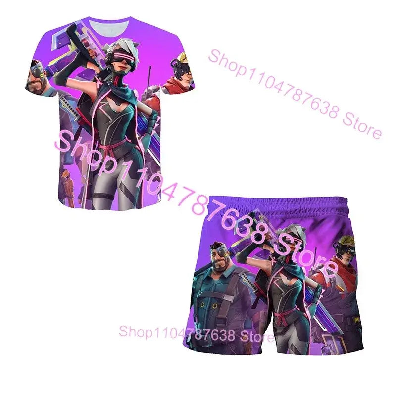 2-teiliges Set F-Fortnited Victory 3D-T-Shirt und Shorts für Kinder, Oberteile für Mädchen und Jungen, Battle-Royale-Kleidung, Harajuku-Tees, Hero-Kinder-T-Shirt