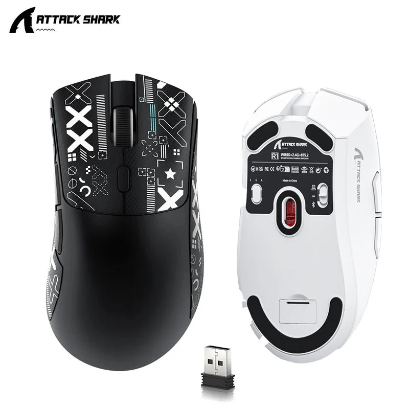 Ratón gaming inalámbrico Attack Shark R1 ligero Bluetooth 2.4G PAW3311 18000DPI ergonómico con macros