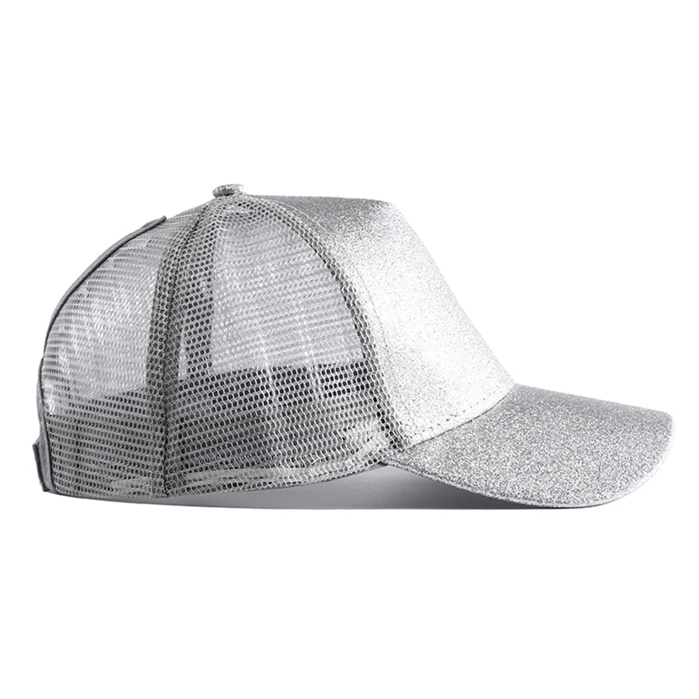 Letnia czapka z daszkiem z brokatem, z wysokim karkiem, damska czapka typu snapback, czapki typu trucker z siateczką w kolorach czarnym, białym i różowym dla kobiet Gorra