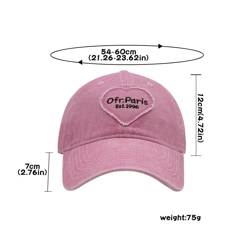 Heart Letter Embroidery Baseball Cap For Women Washed Cotton Snapback Sun Hat Spring Summer Ajdustable Girl Peaked Caps