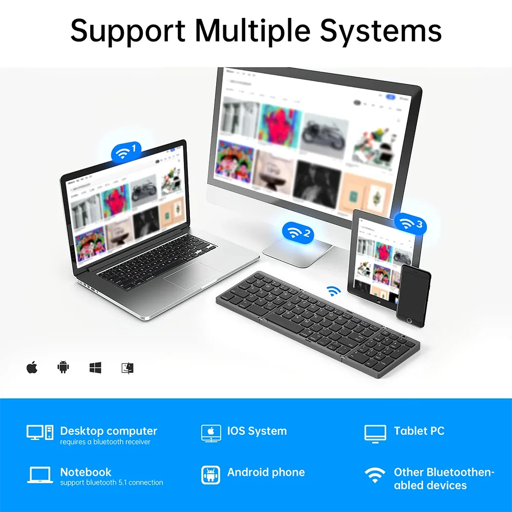 Teclado Bluetooth sem fios dobrável e recarregável para iPad, telemóvel, tablet, notebook e escritório — mini teclado sem fios
