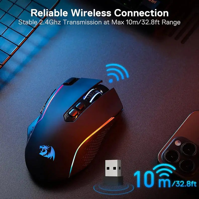 Mouse de gaming wireless Redragon M810 Pro, 10000 DPI, mouse de gamer cu fir cu tastă Rapid Fire, 8 butoane macro, mouse negru/alb