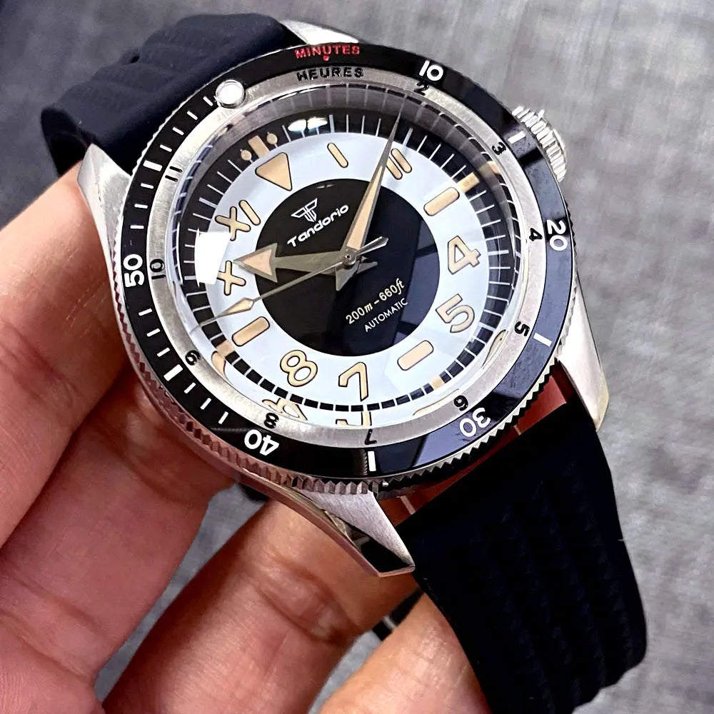 Tandorio Waterproof Watch Men Dome Sapphire Crystal Roman Numbers 120 Clicks Bezel NH35A/Miyota 8215 Movt Silicone Grey Dial