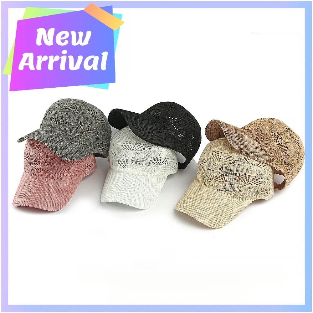 Summer Glossy Openwork Knit Baseball Cap for Women,Outdoor Sun Protection Hat Breathable Flattering Versatile
