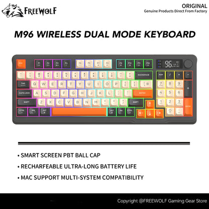 Tastiera wireless Bluetooth M96 FREEWOLF con display digitale, retroilluminazione RGB, batteria da 2000mAh e keycap PBT per PC/laptop