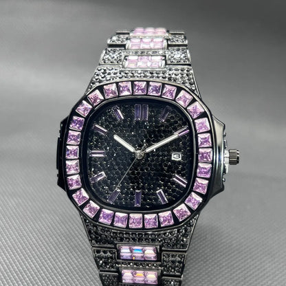 MISSFOX Luxury Watch For Men Rose Iced Out Diamond Hip Hop Quartz Waterproof Clock Men Square Diamond Male Watch 2026 New