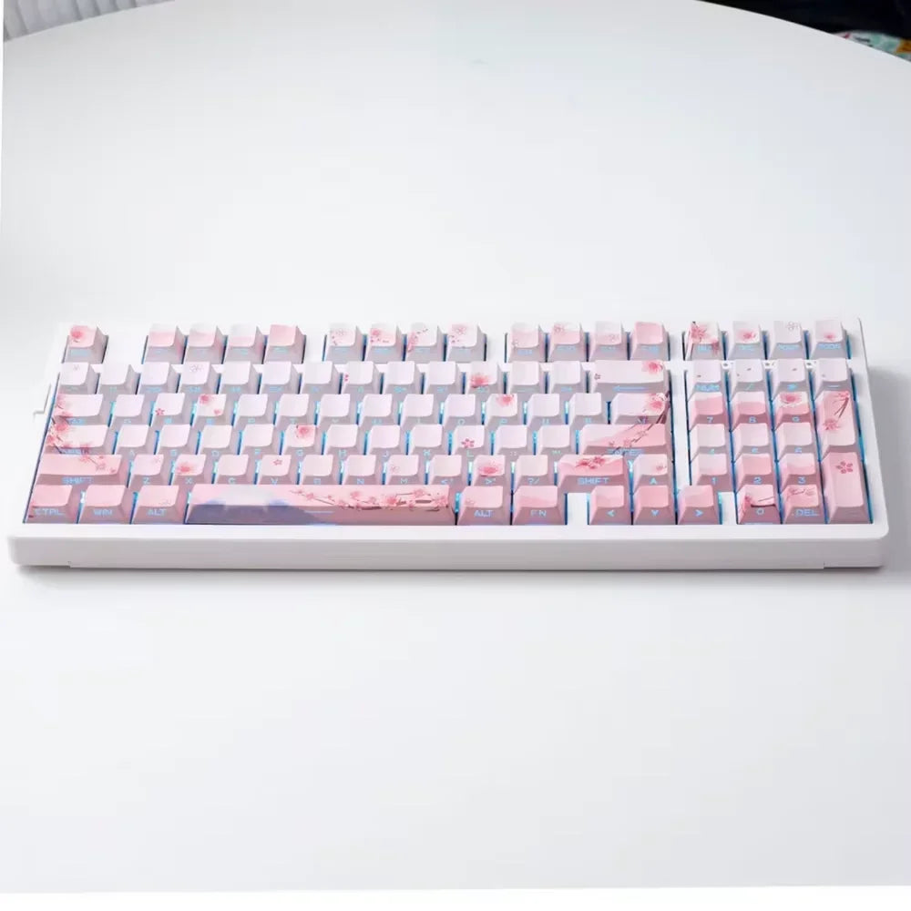 Set di keycap Sakura Pink con incisione laterale, PBT traslucido, 127 tasti, per switch MX e tastiere meccaniche 60/84/90/104/108