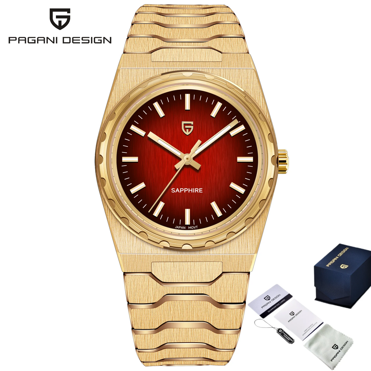 Relógio de luxo para homem PAGANI DESIGN – Edição limitada, vidro de safira, mostrador vermelho, aço inoxidável, estanque – PDYS020