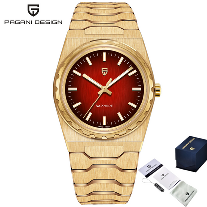 Relógio de luxo para homem PAGANI DESIGN – Edição limitada, vidro de safira, mostrador vermelho, aço inoxidável, estanque – PDYS020