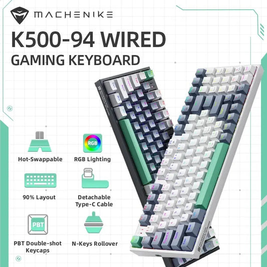 Teclado Mecânico MACHENIKE K500 com Fio para Gaming K500-B94, Hot Swappable, 94 Teclas, Layout 90%, Retroiluminação RGB para PC e Portátil