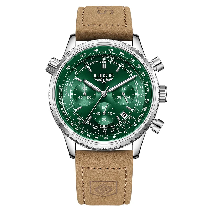 LIGE luxury men’s watch – Chronograph with date, stainless steel, water-resistant, luminescent, sporty and military style, men’s quartz watch