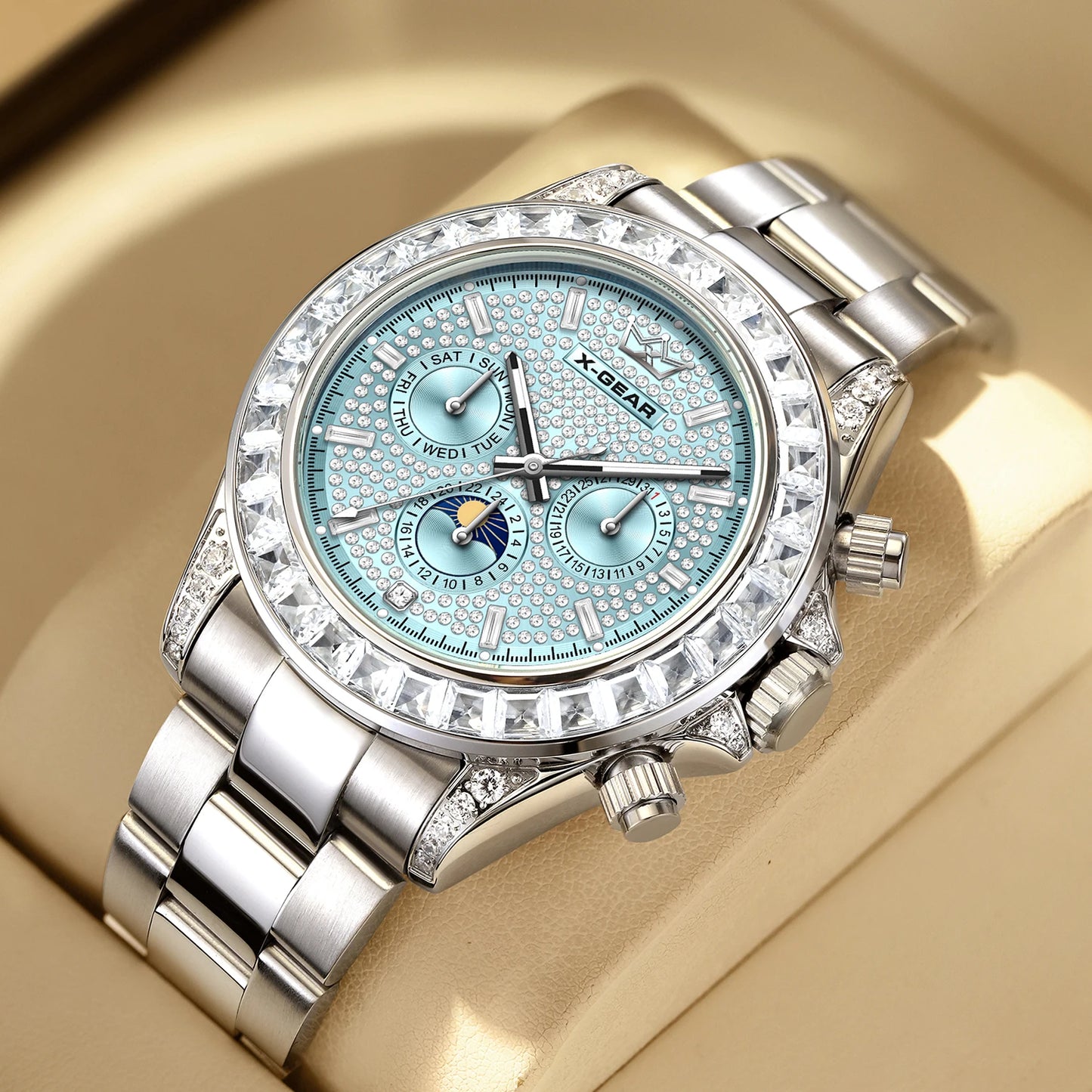 X-GEAR Men's Watch Automatic Mechanical with Diamond Dial Luminous Moon Phase Water-Resistant